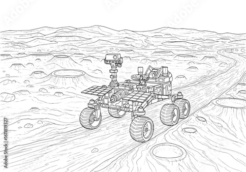 Explore Mars with this detailed line art of a rover navigating a crater-filled alien landscape, perfect for educational projects.