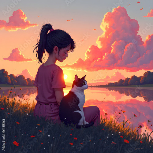 Girl and cat watching sunset by lake in dreamy painted landscape style.