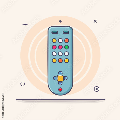 A light blue cartoon television remote control with colorful round buttons and a directional pad depicted in a flat outlined style.