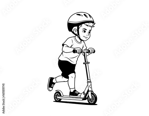 Joyful boy rides scooter with helmet, active childhood fun and outdoor adventure captured