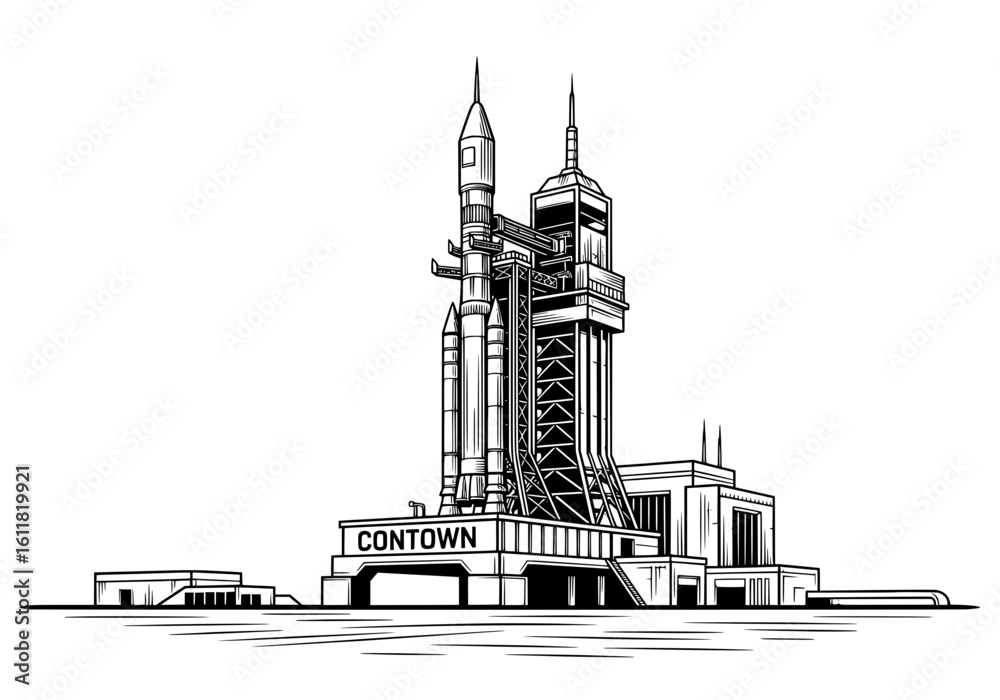 Obraz premium Iconic rocket launchpad with towering booster, ready for cosmic exploration and spaceflight adventure.