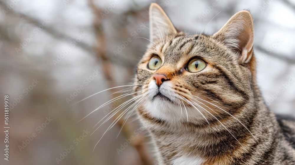 A close-up of a tabby cat with green eyes, looking upward with a blurred outdoor background A close-up of a tabby cat with green eyes, looking upward with a blurred outdoor background