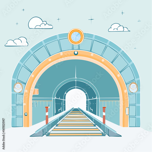 Cartoon Illustration of a Sci-Fi Tunnel Portal with a Central Clock and Striped Walkway.