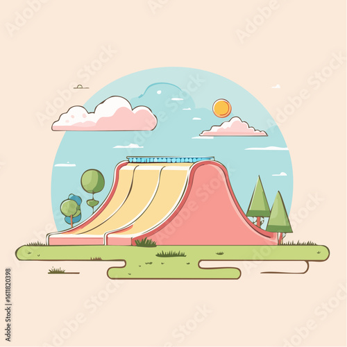 A wide three-lane playground slide with a pink frame and yellow chutes in a flat vector illustration style.
