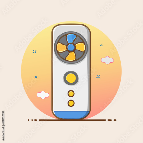 Modern White Portable Air Cooler with a Four-Blade Fan and Yellow Buttons Vector Art.