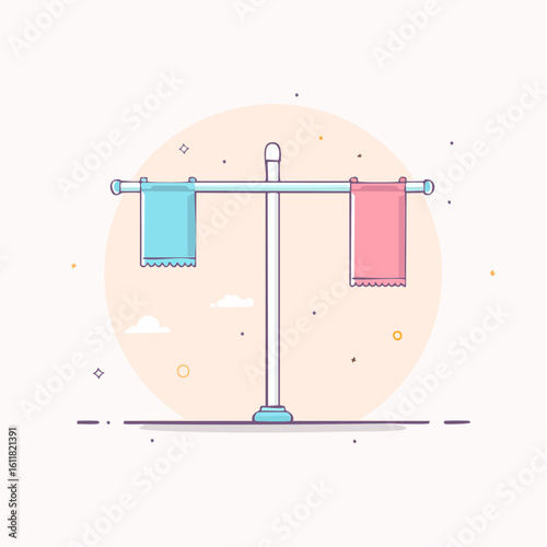 A minimalist T-shaped clothes drying rack with hanging blue and pink towels in a flat line art style.