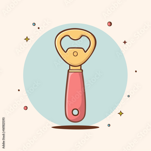 Classic bottle opener illustration with a pink handle and golden metal top standing upright.