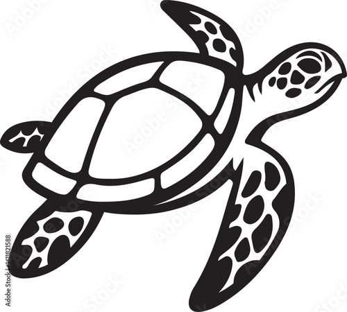 Turtle silhouette with patterned shell, Black and white sea reptile graphic