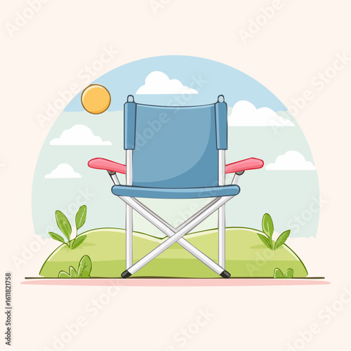 A simple cartoon illustration of a blue folding camp chair with red armrests and a silver metal frame.