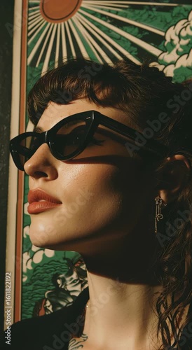 Stylish young woman in sunglasses looking upward against graphic art background, modern fashion portrait perfect for retro-inspired editorials, design blogs, branding campaigns, or creative lifestyle 