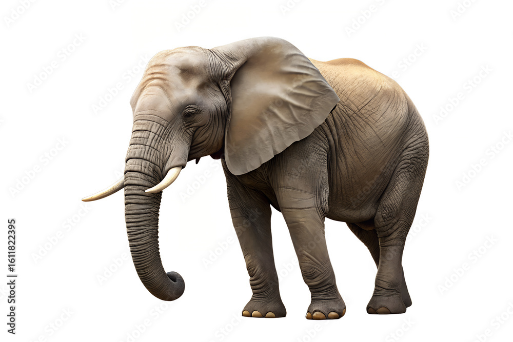 Obraz premium A full body shot of an african elephant standing on a white background with its trunk down.