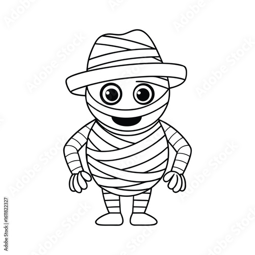 Halloween spooky mummy wearing a hat coloring page vector illustration.
