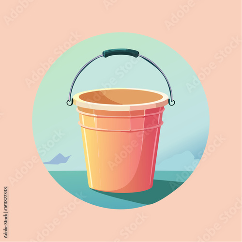Colorful cartoon illustration of an empty white bucket with a pink and orange rim and a metal handle with a green grip.