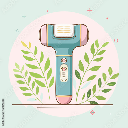 Stylized cartoon illustration of a teal and pink electric foot file a modern pedicure and callus remover tool.