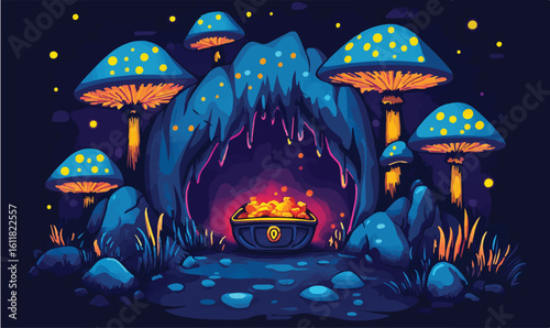 Discover magical glowing mushrooms guarding a treasure chest in a mystical cave setting