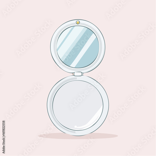 Stylish open round compact mirror with a white case reflective glass and a small golden clasp.