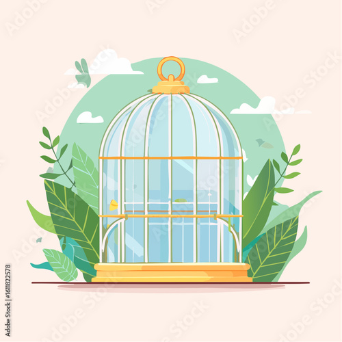 Elegant Empty Birdcage with Gold Accents.