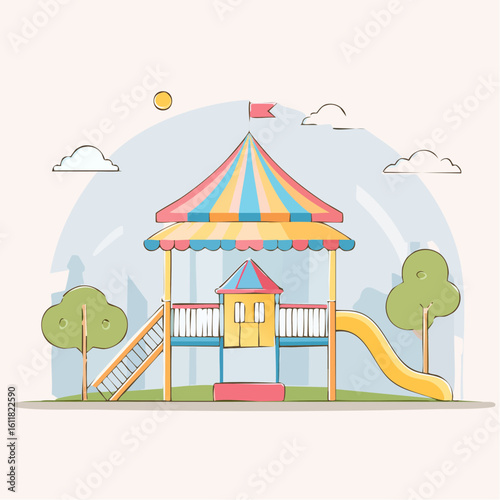 Vibrant childrens playground equipment with a striped tent roof ladder and yellow slide.