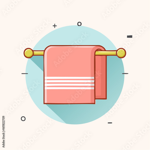 Flat design illustration of a folded pink towel with white stripes hanging on a shiny yellow towel bar.