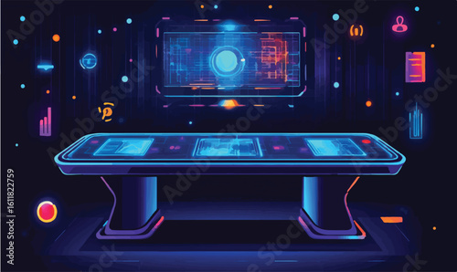 Futuristic command center with glowing holographic interfaces and data visualization, perfect for tech innovation.