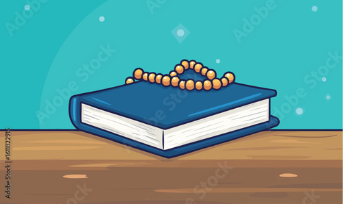 Discover spiritual wisdom with this blue book adorned by a golden rosary on a wooden surface