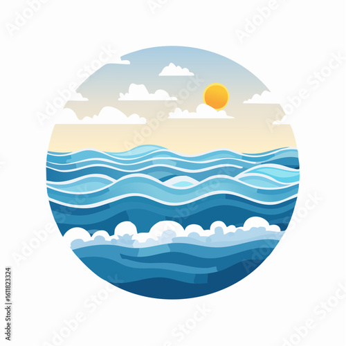 Serene Ocean Waves and Sunshine: A Circular Illustration of Coastal Beauty and Tranquility