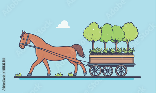 Graceful horse pulls cart filled with lush green trees and plants across a serene landscape