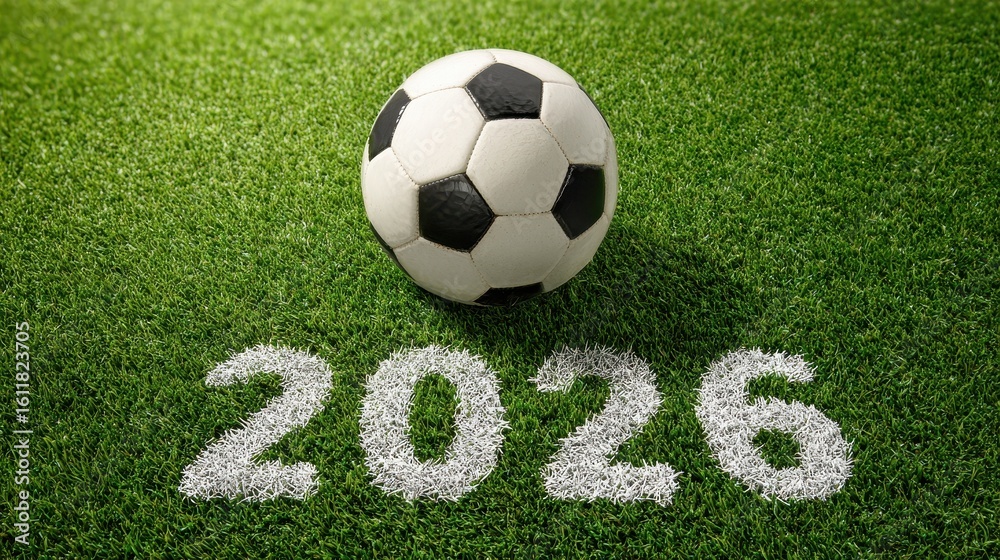 Fototapeta premium A 4K photo of soccer Ball on Lush Green Field with 2026 Marking Upcoming World Championship, Sports Background.