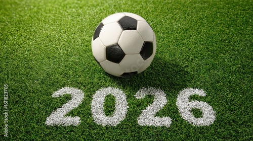 A 4K photo of soccer Ball on Lush Green Field with 2026 Marking Upcoming World Championship, Sports Background.