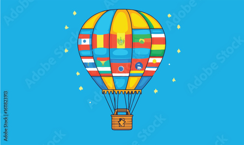 Vibrant hot air balloon adorned with diverse country flags soars through a starry blue sky