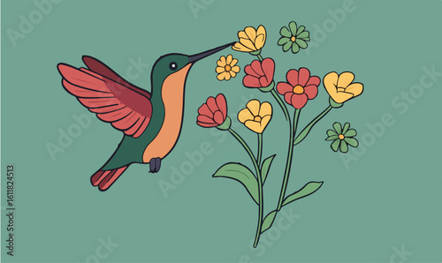 Vibrant hummingbird sips nectar from colorful blooming flowers in serene nature scene