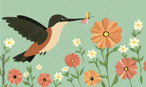 Charming hummingbird sips nectar from delicate flower amidst a vibrant garden scene