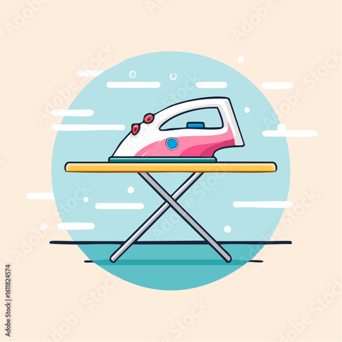 Stylized pink and white electric steam iron with red buttons resting on a yellow ironing board.