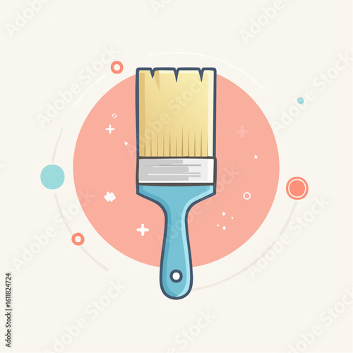 Flat design illustration of a painters brush with a blue handle silver ferrule and clean white bristles.
