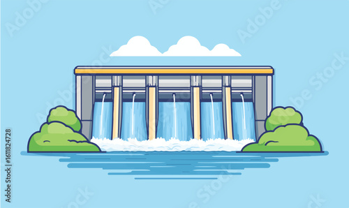 Majestic hydroelectric dam with cascading water, symbolizing clean energy and industrial power generation