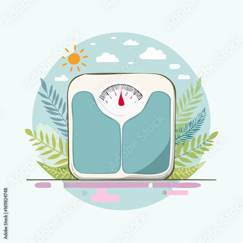 Hand-drawn illustration of a retro analog bathroom scale with a teal platform and classic dial.