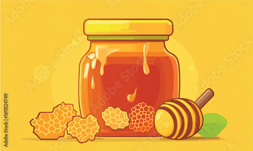 Golden honey jar with honeycomb and dipper, a sweet natural treat for any occasion