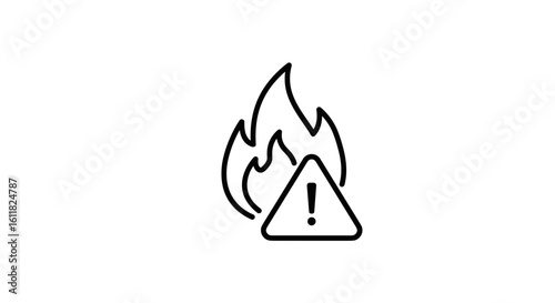Fire warning symbol with flame and caution sign illustration  