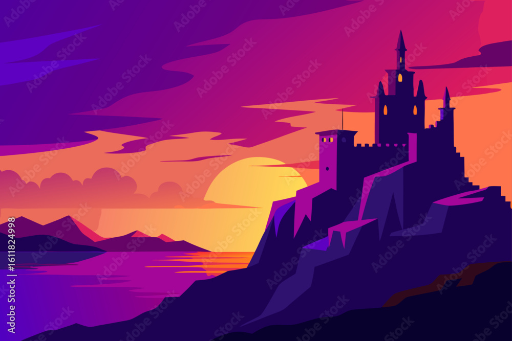 Fototapeta premium Mysterious castle silhouette on a cliff overlooking a vibrant sunset over the ocean