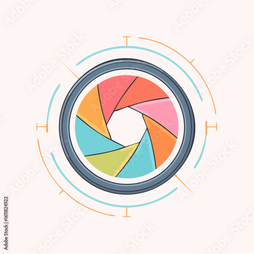 Stylized camera lens illustration with a vibrant multi-colored aperture diaphragm and abstract focus marks.