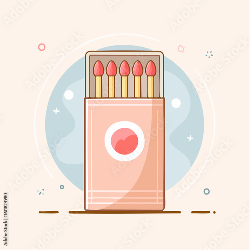 Cute cartoon illustration of an open pink matchbox with six red-tipped matches and a circular logo.
