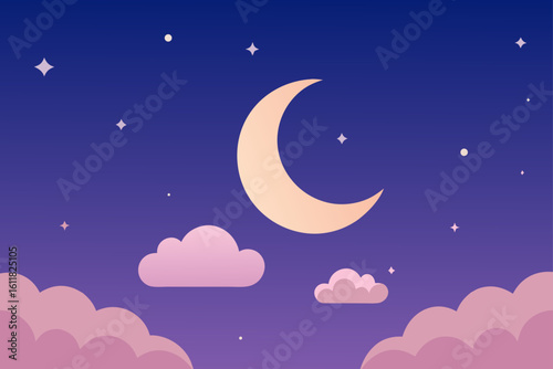 Stylized crescent moon and fluffy pink clouds against a gradient purple night sky with stars