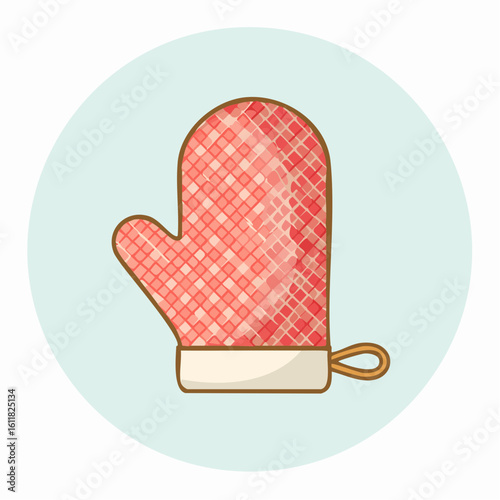 Red quilted oven mitt illustration with a checkered pattern cream cuff and hanging loop.