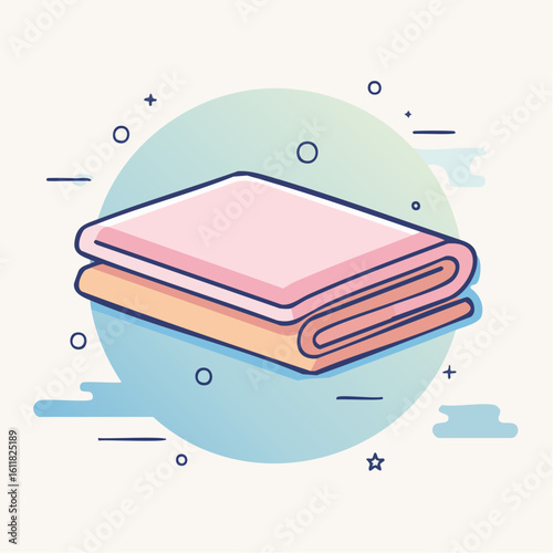 A neat stack of two folded towels one pink and one orange in a clean line art style.