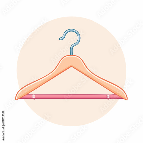 Illustrated wooden clothes hanger with a blue question mark hook and a pink trouser bar.