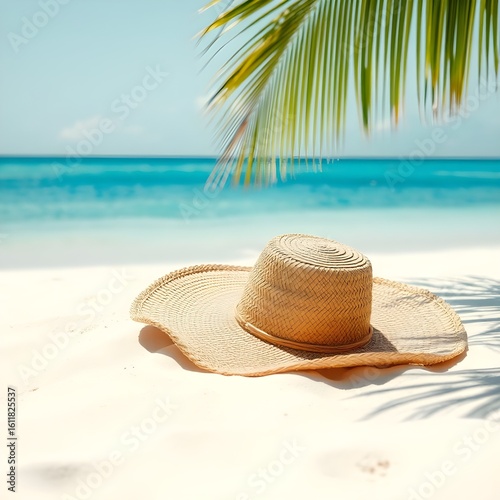 Straw hat lying on white sand beach with soft sunlight and tropical palm shadow cast across it