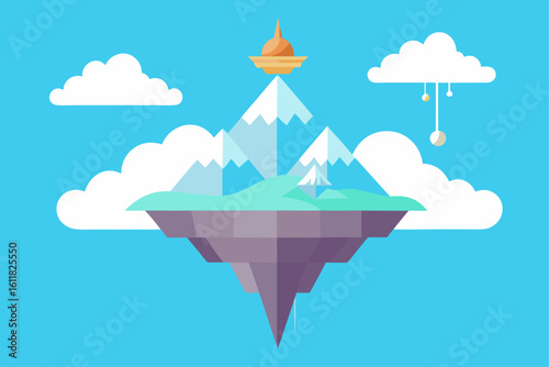 Floating island with snow capped mountains and a golden stupa on a clear blue sky