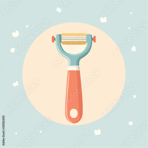 Colorful Y-shaped vegetable peeler with a coral handle and teal head.