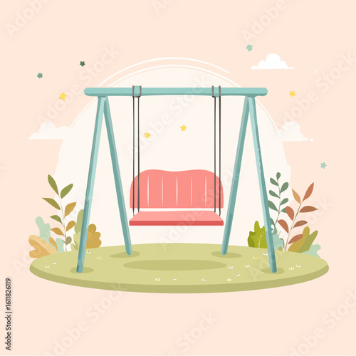 Charming pink bench swing with a light blue A-frame illustrated in a flat minimalist style.