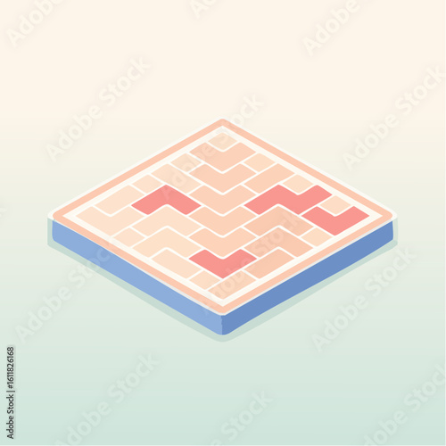 Isometric paving slab with interlocking L-shaped tiles in a peach and red geometric pattern.